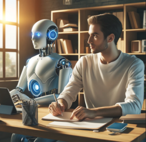 Afbeelding van een robot en een mens die beiden een tekst schrijven.