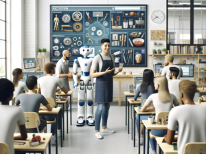 an photo-realistic image of a teacher who collaborates with AI in guiding a diverse group of students in vocational education and training