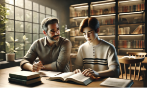 photo-realistic image of a 14-year-old student being tutored by a human tutor in a cozy, well-lit room.