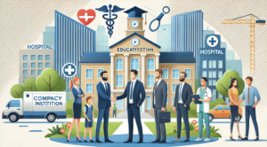 een afbeelding van een onderwijsinstelling die de hand schudt met een bedrijf en ziekenhuis.