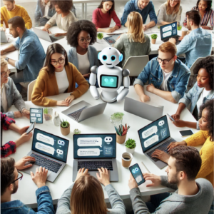 een verbeelding van een diverse groep lerenden die samenwerken aan een project, waarbij chatbots op hun laptops, tablets en smartphones betrokken zijn bij de interactie. Het beeld laat een moderne en dynamische leeromgeving zien waarin mens en technologie samenwerken aan het leren en creëren.