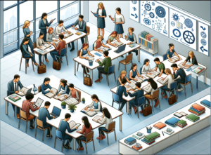 A modern classroom setting with two groups of students engaged in different learning methods, without any text.